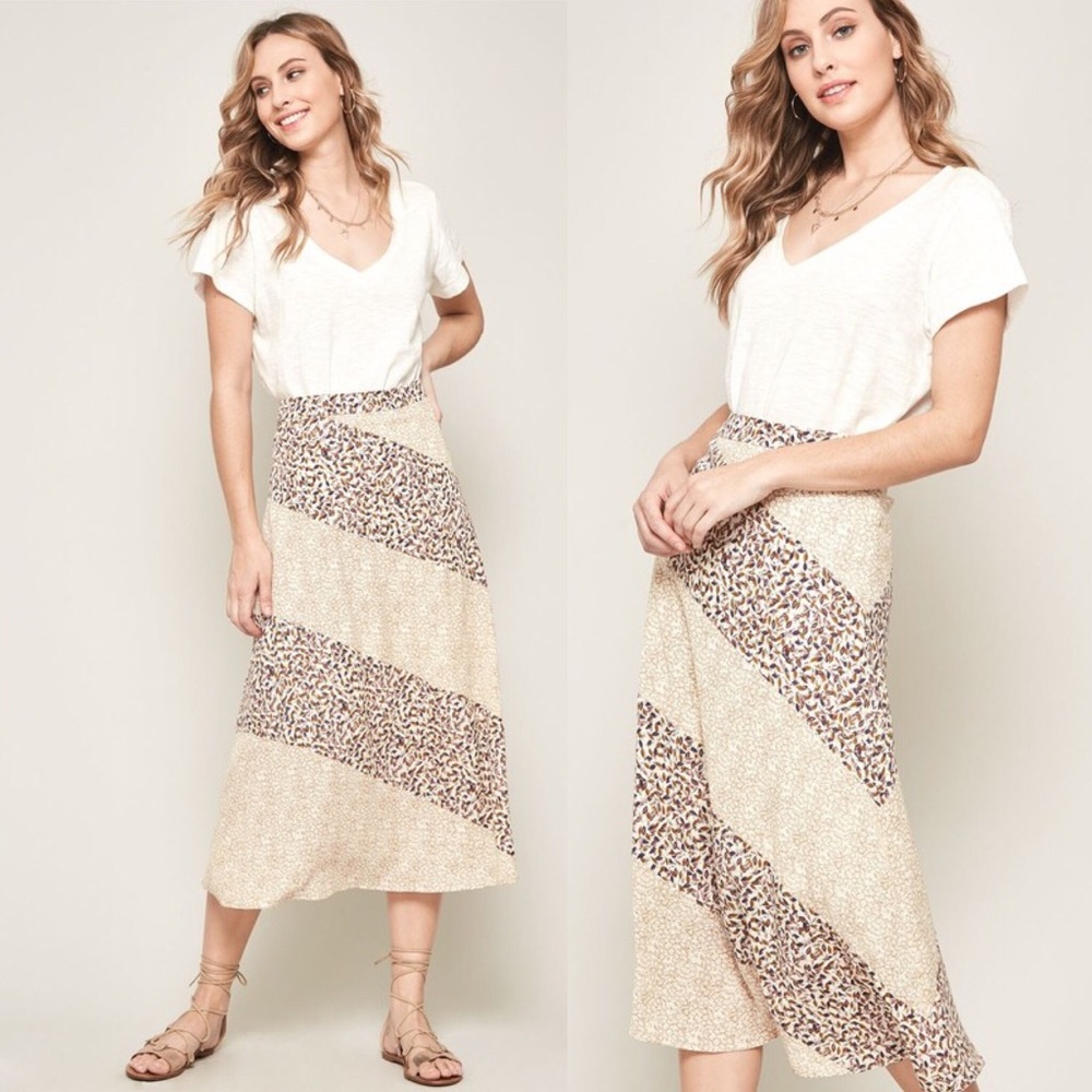 NEW Floral Print Color-block Midi Skirt